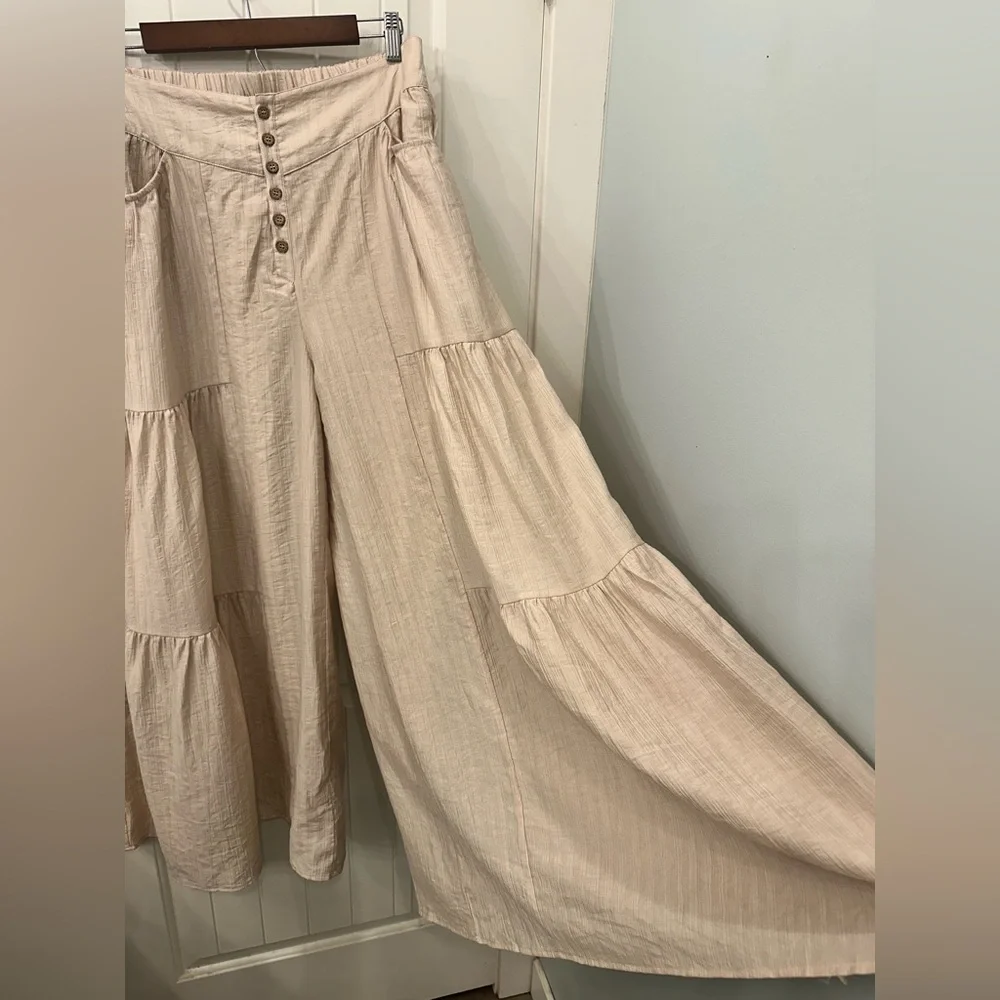 Polagram Tiered Tide Flowy Wide Leg Boho Palazzo Pants - Tan/Beige - L - Picture 3 of 5